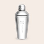 Stainless steel cocktail shaker with engraved flamingo, fruit, and "Laura's Party" text for an Espresso Martini gift set