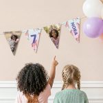 Personalised garland - Triangle - M - 5m printed with photos, the number 7, and the name Nora