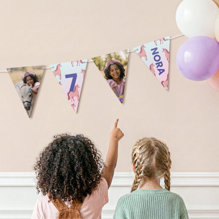 Personalised garland - Triangle - M - 5m printed with photos, the number 7, and the name Nora