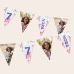 Personalised garland - Triangle - M - 5m printed with a childs photo, the number 7, and the name Nora