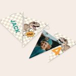 Personalised garland - Triangle - M - 5m printed with "Jack", a dinosaur, a photo, and the number 4