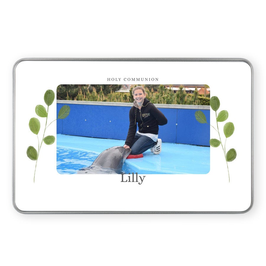 Personalized first communion memory tin printed with a photo and the name Lilly to protect precious memories