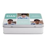 Communion memory tin printed with a boy's photos, name Kian, and date 12-05-2017 to protect precious first communion memories.
