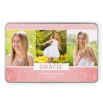 Personalized first communion memory tin with three photos of a girl and the printed name Gracie and date 21-05-2017