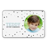 First communion memory tin printed with a child's photo and name Teddy, and text My First Communion