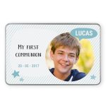 Personalized first communion memory tin with a boy's photo, his name Lucas, and the date 20-05-2017 printed on the lid