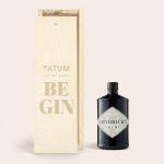 Hendricks gin in an engraved wooden case with the name Tatum and text Let The Party Begin