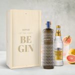 Engraved wooden gin and tonic gift set with Bobby's Gin and Fever-Tree tonic, personalized with Sophie Let The Party Begin