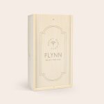 Engraved wooden case for gin & tonic gift set personalized with the name Flynn and Happy Birthday message