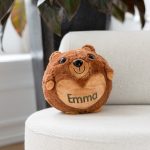 Brown inflatable teddy bear embroidered with the name Emma, a personalised gift that fits through a letterbox