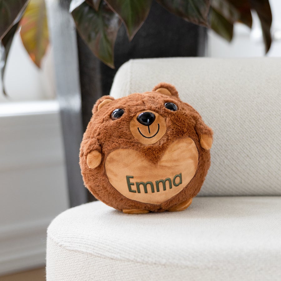Brown inflatable teddy bear embroidered with the name Emma, a personalised gift that fits through a letterbox