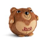 A brown inflatable teddy bear with a light brown belly, embroidered with the name Jack in red script, this personalised inflatable teddy bear fits through any letterbox