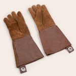 Brown leather BBQ gloves with suede upper and lower leather cuff, ready for engraving.