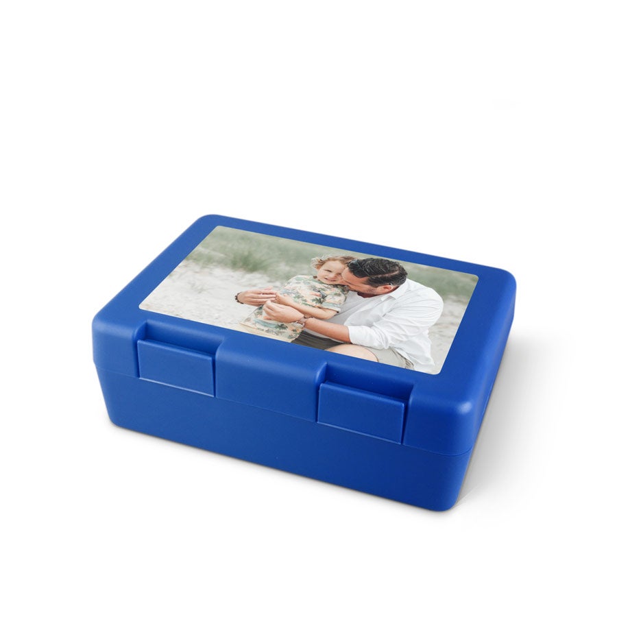 Blue personalized lunch box for dad, printed with a photo of a father and child.