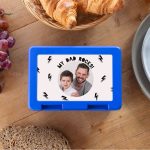 Blue personalized lunch box printed with a photo of a dad and son and "MY DAD ROCKS!" text