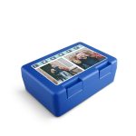 Blue personalized lunch box for dad, printed with two photos and I LOVE YOU PAPA text