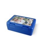 Blue personalized lunch box with a photo collage and the name DAVID printed on the lid