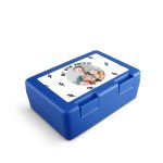 Blue personalized lunch box with a printed photo of a dad and kids and "MY DAD ROCKS!" text.