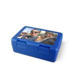 Blue plastic lunch box printed with a family photo to surprise your dad