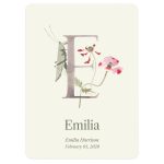 A personalized Milestone letter baby poster with a printed letter F, flowers, and a grasshopper, customized with the name Emilia and date February 03, 2020