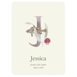 Personalized Milestone letter baby poster with initial J, fish, and seashell design printed with Jessica Lily Cooper and May 6, 2020