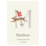 Milestone letter baby poster printed with a hare and red poppy over a large M, personalized with the name Matthew and a date