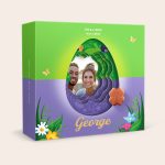 Personalized Milka 3D gift box for Easter, printed with a photo, the name George, and floral decorations
