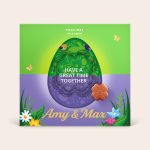 Personalized Easter Milka 3D gift box, printed with a floral design, the names Amy & Max, and the message Have a Great Time Together.