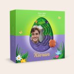 Personalized Milka 3D Easter gift box, printed with a photo, the name Kieran, and chocolate praline