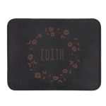 Black leather mousepad with name Edith engraved within a floral wreath design