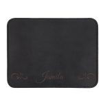 Black personalized leather mousepad with the name Jamila engraved in a decorative font