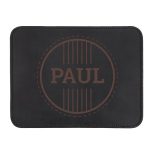Black leather mousepad with PAUL engraved in a brown circle design