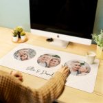Personalised mouse mat printed with three round photos and names Ella & David