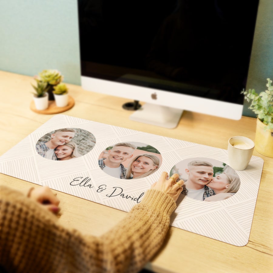 Personalised mouse mat printed with three round photos and names Ella & David