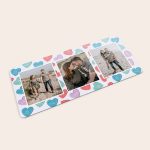 Personalised mouse mat printed with three romantic photos and heart-shaped candies with text