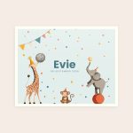Personalized birthday card with circus animals, custom printed with name Evie and date