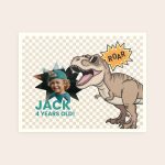 Personalized photo card with a roaring dinosaur wearing sunglasses and a photo of Jack 4 years old, perfect for a birthday gift.