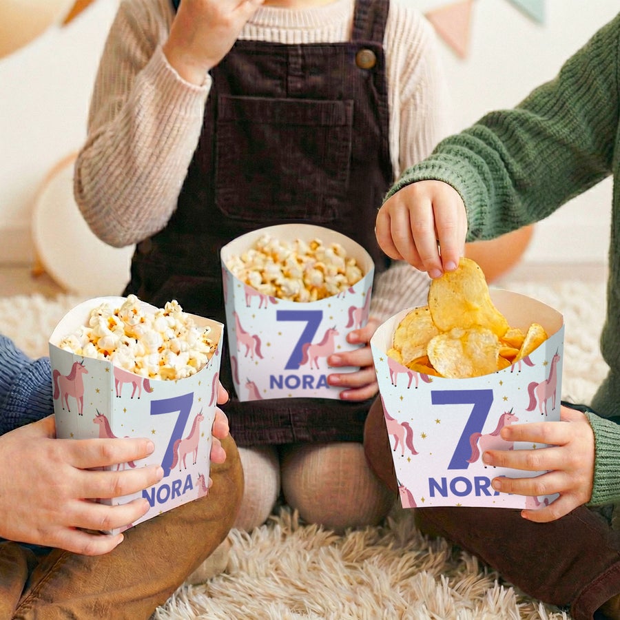 Personalised paper treat cups - 8 pcs, printed with unicorn design, age 7, and name Nora