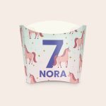 Personalised paper treat cups - 8 pcs with unicorns, a number 7, and the name Nora printed