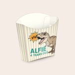 Personalised paper treat cups - 8 pcs, striped with a printed dinosaur wearing sunglasses and custom name Alfie and age