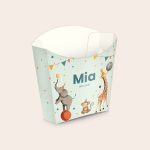 Personalised paper treat cups - 8 pcs, printed with a name, circus animals, and party flags