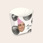 Personalised paper treat cups - 8 pcs, printed with a photo wearing a party hat, name, and age with disco balls