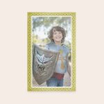 Personalised play mat - 75 x 122 cm, custom printed with a photo of a boy dressed as a knight holding a shield, bordered with a decorative pattern.