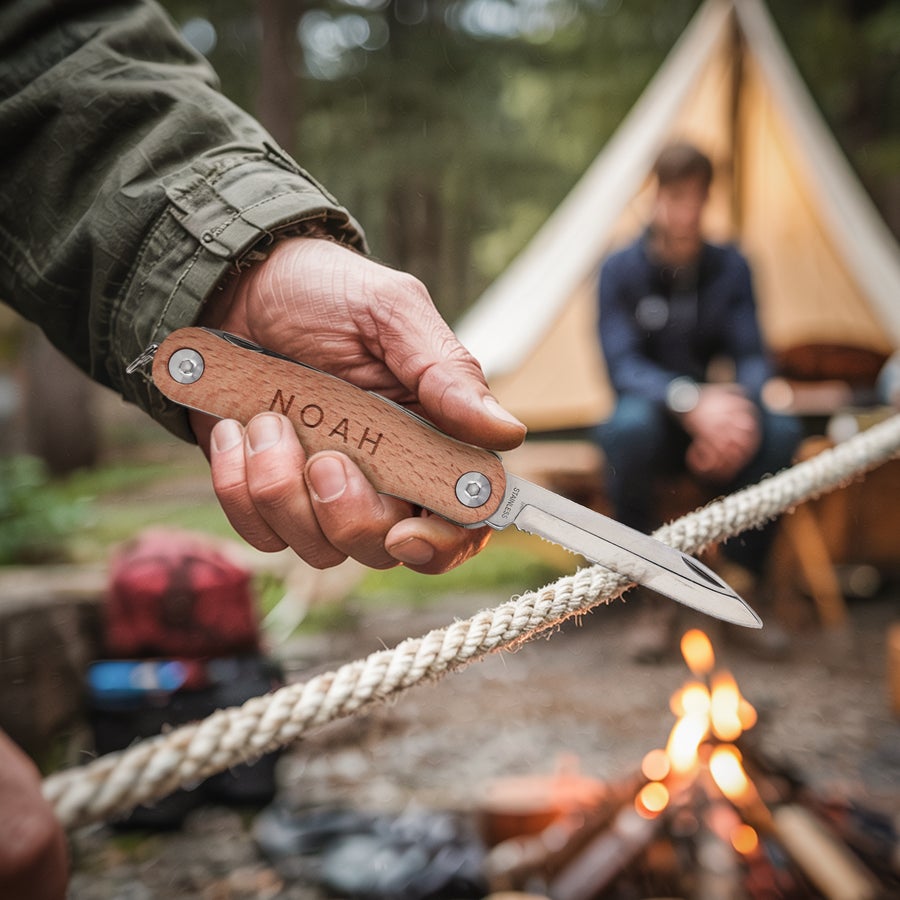 Hand holding a personalised pocket knife with the name Noah engraved on its wooden handle, cutting a rope. This useful pocket companion is a custom gift.