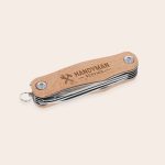 Personalized pocket knife with a beech wood handle, engraved with "Handyman Service," a versatile pocket companion
