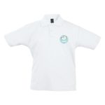 Kids white polo shirt printed with a cute unicorn design and the name Ariana