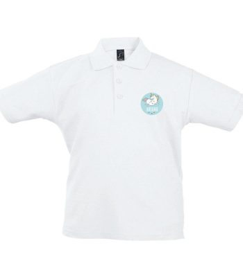 Kids white polo shirt printed with a cute unicorn design and the name Ariana