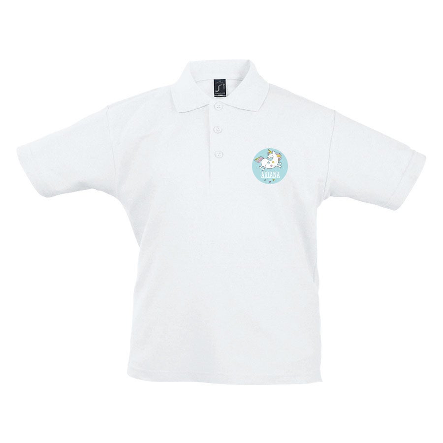 Kids white polo shirt printed with a cute unicorn design and the name Ariana