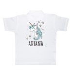 White kids polo shirt printed with a unicorn design and the personalized name ARIANA