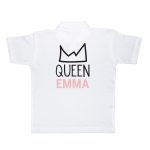 White kids polo shirt printed with a crown and the personalized text Queen Emma